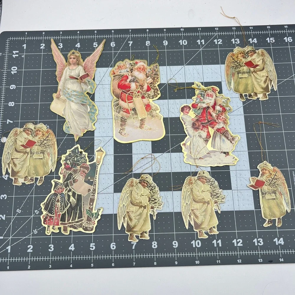 9pc Vintage Victorian Christmas Ornaments Santa Angel Gold Foil 1984 1986 Mixed